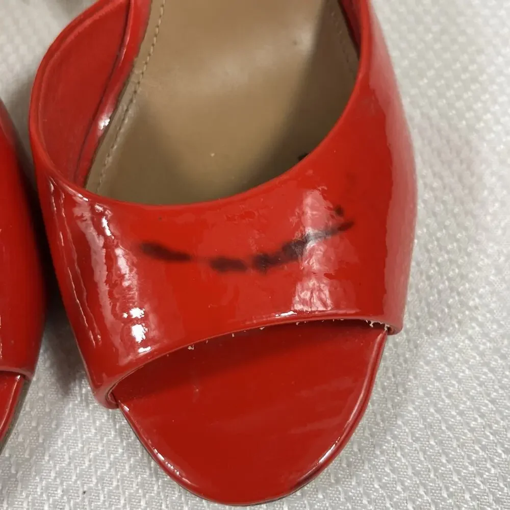 Tory Burch Red‎ Patent Leather Cork Wedge Ankle Strap Peep Toe Sandals size 7 M
